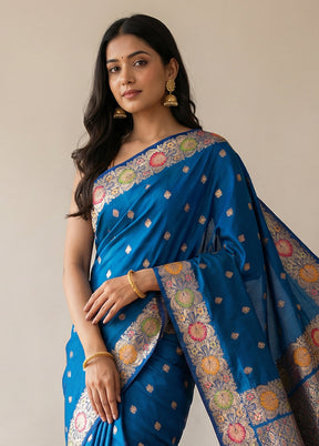 Blue Katan Silk Saree With Blouse Piece
