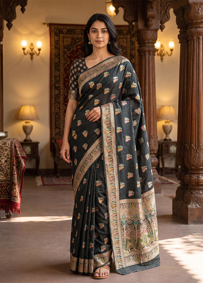 Black Baluchari Silk Saree With Blouse Piece