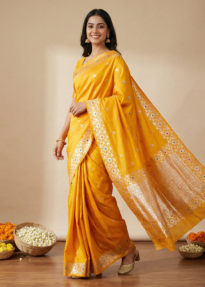 Yellow Dupion Silk Saree With Blouse Piece
