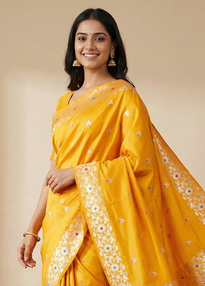 Yellow Dupion Silk Saree With Blouse Piece