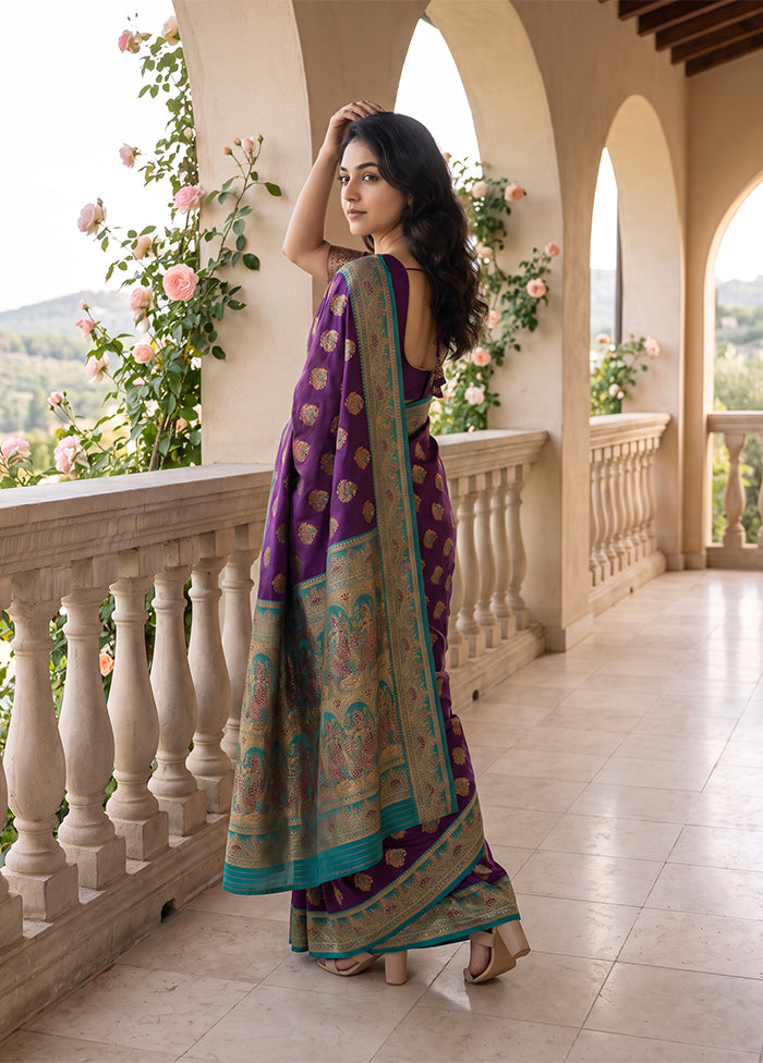 Purple Baluchari Silk Saree With Blouse Piece