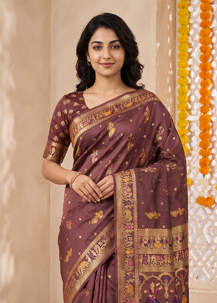 Purple Baluchari Silk Saree With Blouse Piece