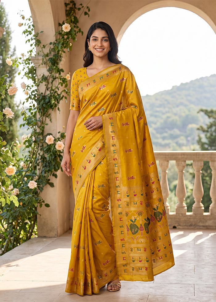 Yellow Baluchari Silk Saree With Blouse Piece
