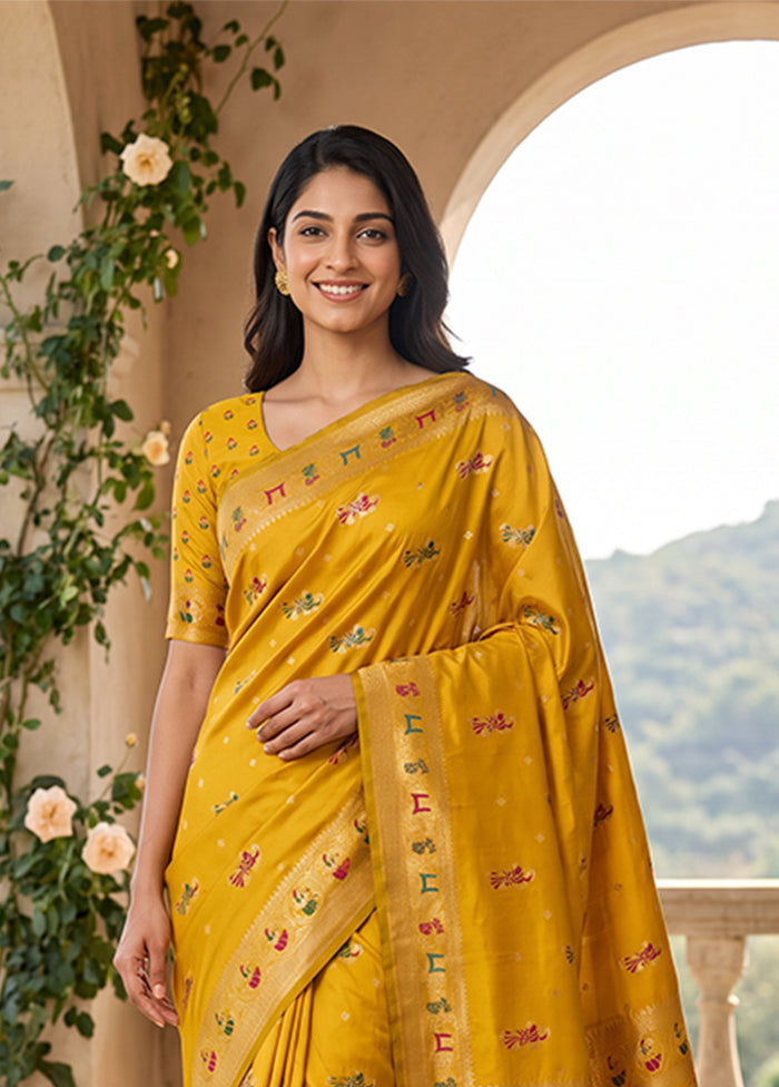 Yellow Baluchari Silk Saree With Blouse Piece