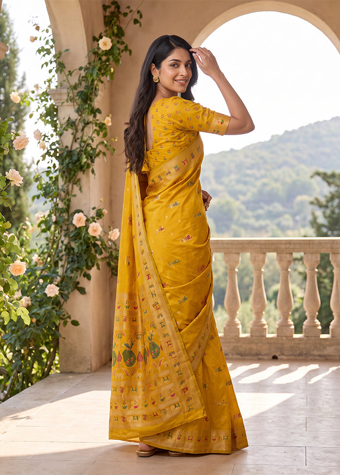 Yellow Baluchari Silk Saree With Blouse Piece