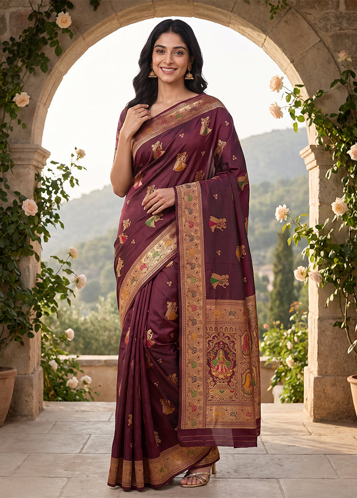 Purple Baluchari Silk Saree With Blouse Piece
