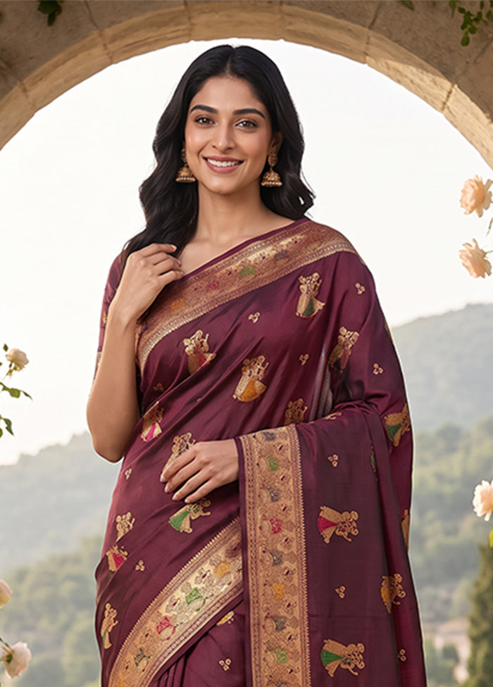 Purple Baluchari Silk Saree With Blouse Piece