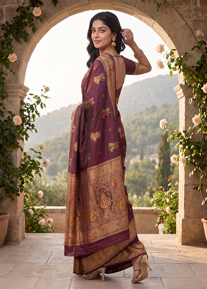 Purple Baluchari Silk Saree With Blouse Piece