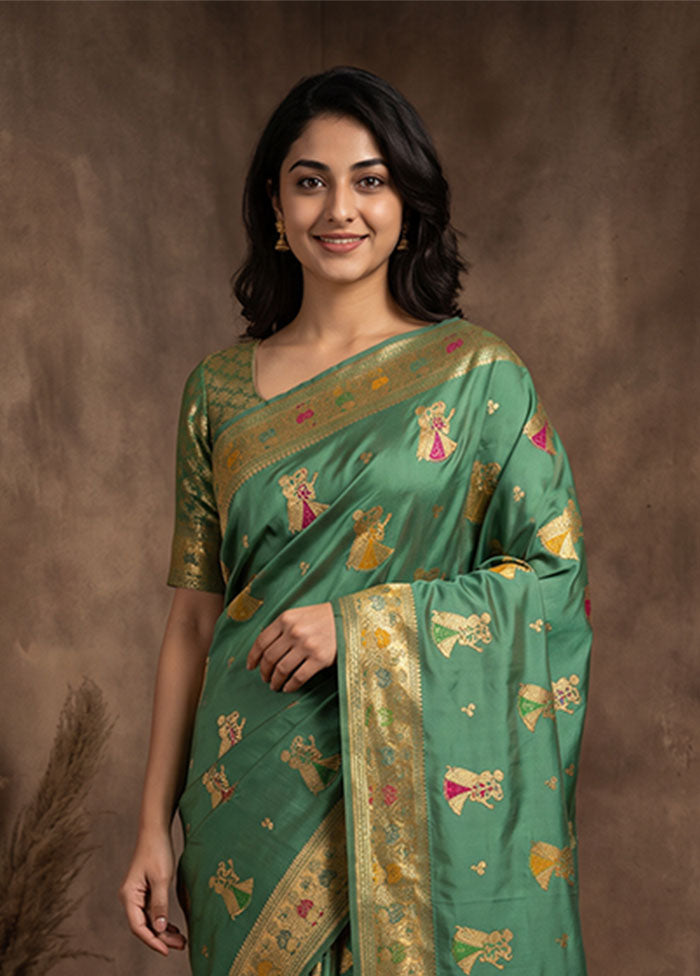 Green Baluchari Silk Saree With Blouse Piece