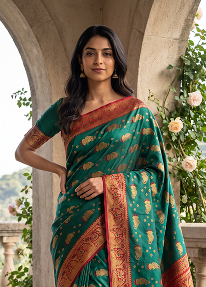 Green Baluchari Silk Saree With Blouse Piece