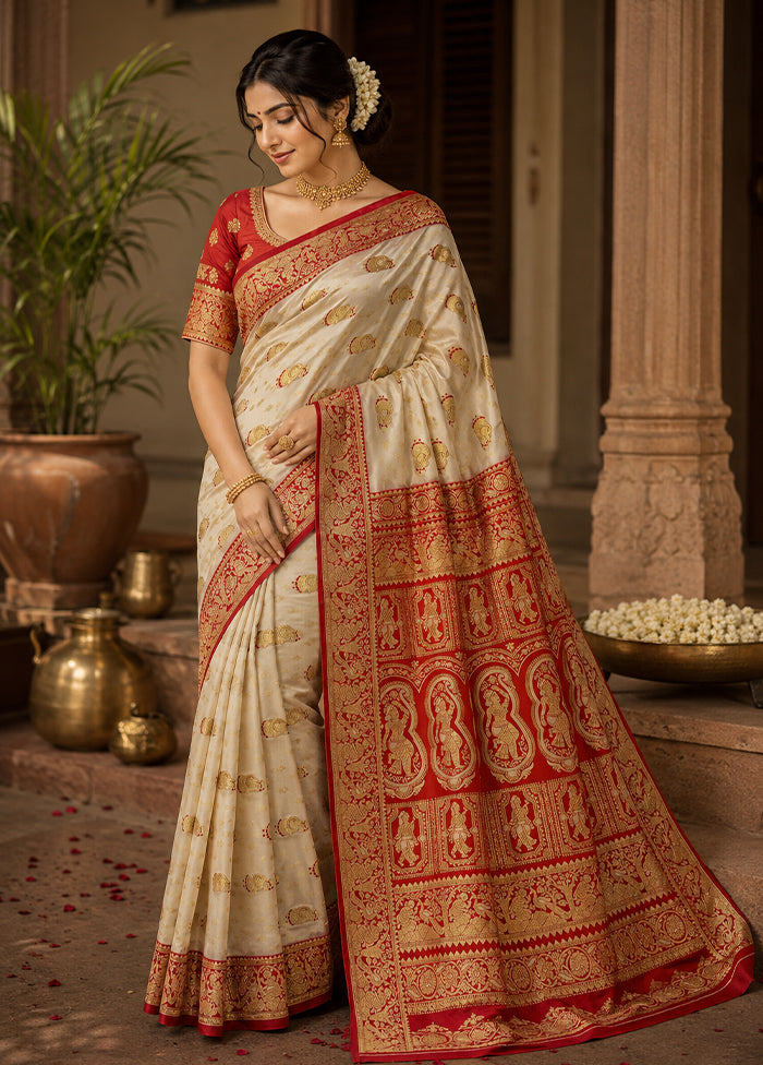 White Baluchari Silk Saree With Blouse Piece