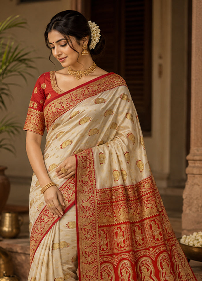 White Baluchari Silk Saree With Blouse Piece