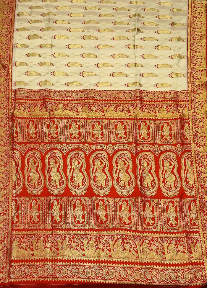 White Baluchari Silk Saree With Blouse Piece