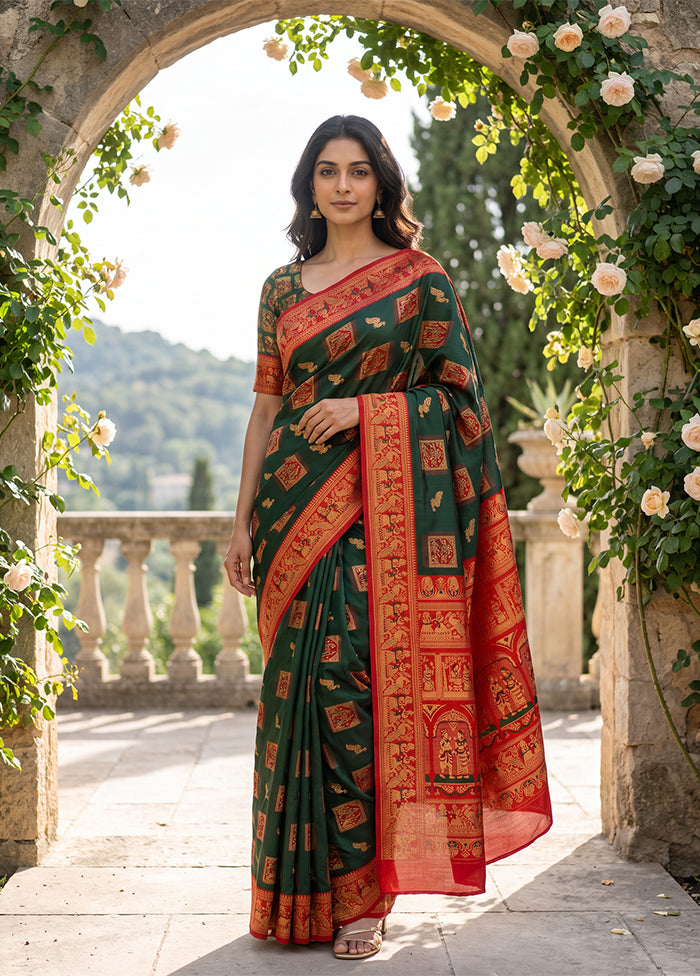 Green Baluchari Silk Saree With Blouse Piece