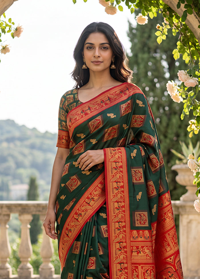 Green Baluchari Silk Saree With Blouse Piece