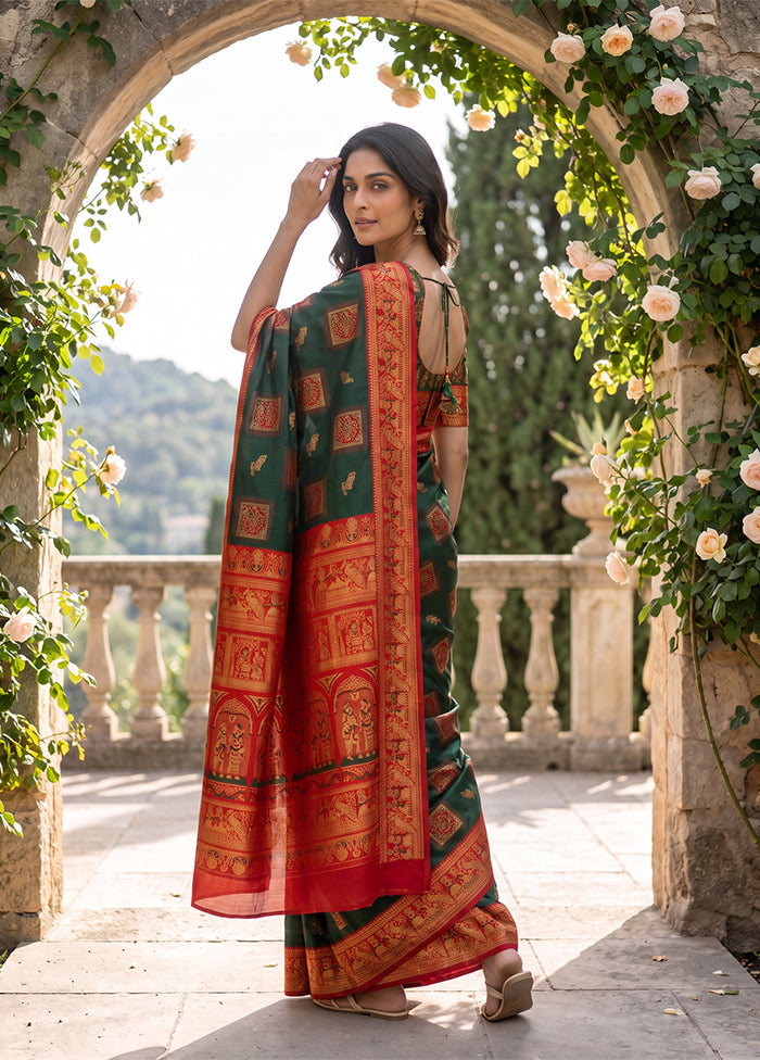 Green Baluchari Silk Saree With Blouse Piece