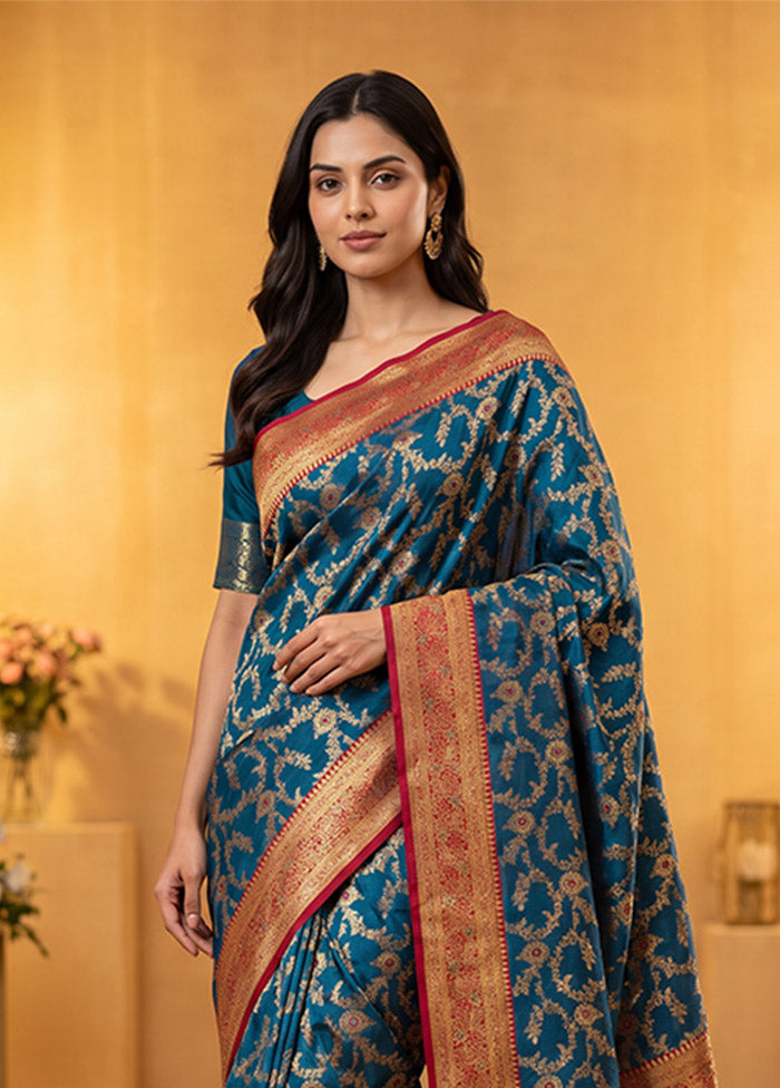 Blue Baluchari Silk Saree With Blouse Piece