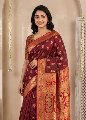 Purple Baluchari Silk Saree With Blouse Piece
