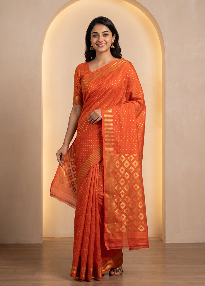 Rust Jamdani Cotton Saree Without Blouse Piece