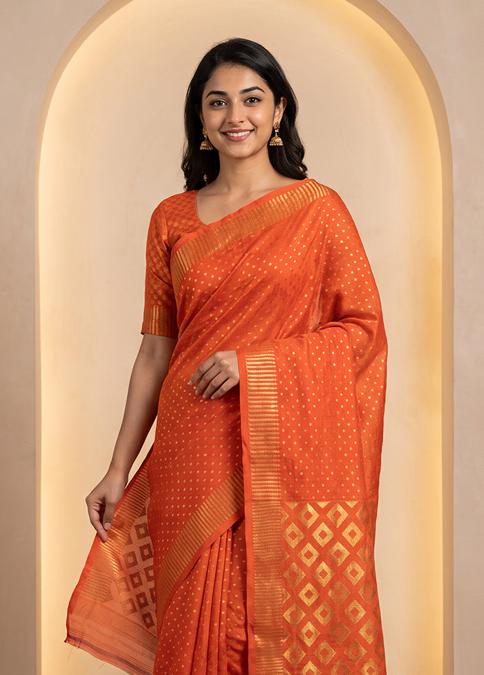 Rust Jamdani Cotton Saree Without Blouse Piece