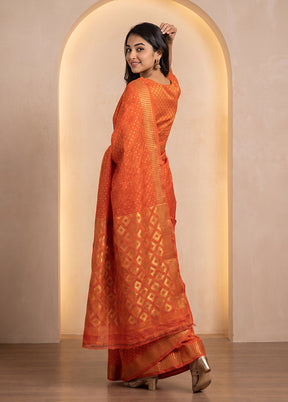 Rust Jamdani Cotton Saree Without Blouse Piece