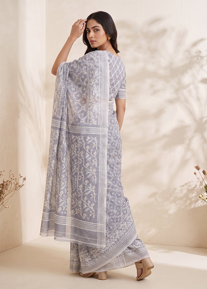 Grey Jamdani Cotton Saree Without Blouse Piece