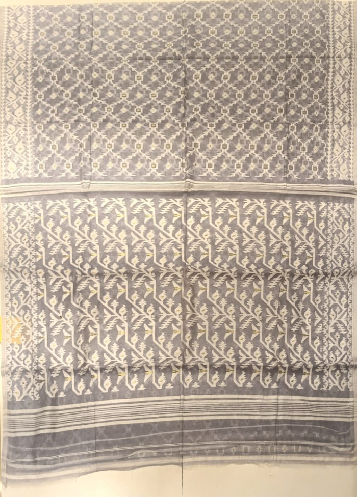 Grey Jamdani Cotton Saree Without Blouse Piece