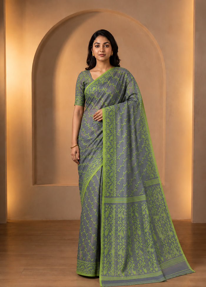 Blue Jamdani Cotton Saree Without Blouse Piece