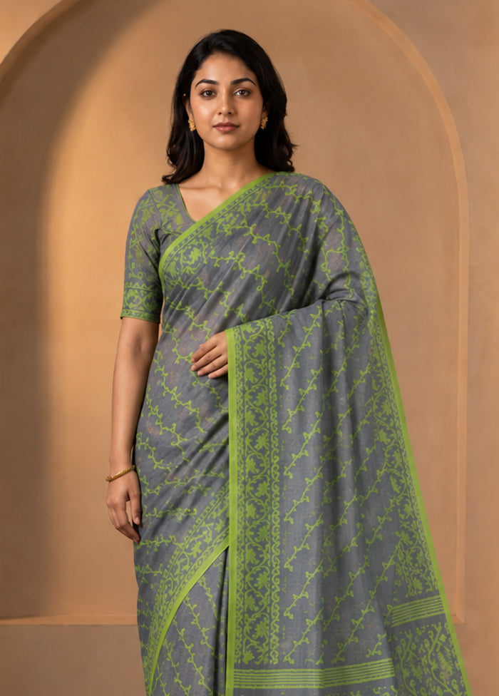 Blue Jamdani Cotton Saree Without Blouse Piece