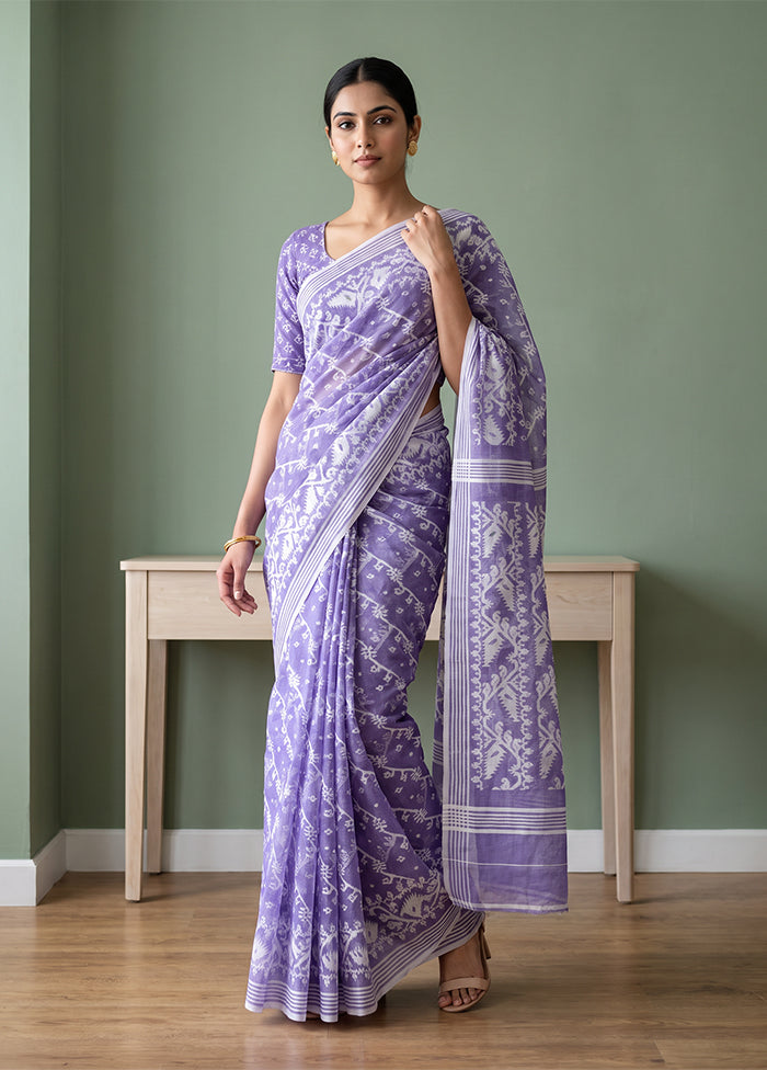 Purple Jamdani Cotton Saree Without Blouse Piece