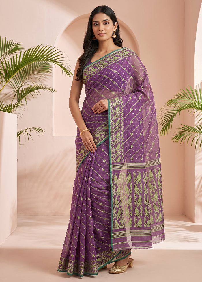 Purple Jamdani Cotton Saree Without Blouse Piece