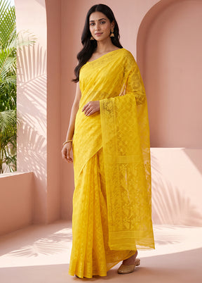 Yellow Jamdani Cotton Saree Without Blouse Piece
