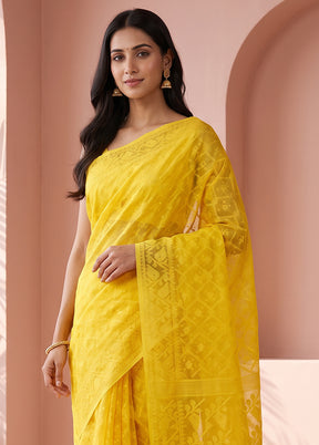 Yellow Jamdani Cotton Saree Without Blouse Piece