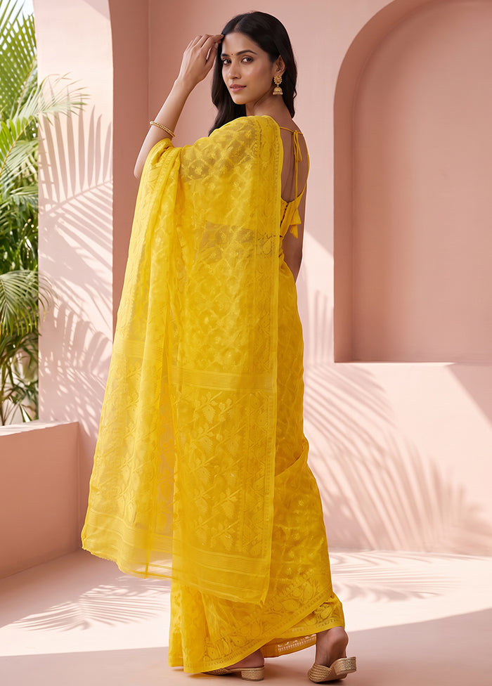 Yellow Jamdani Cotton Saree Without Blouse Piece