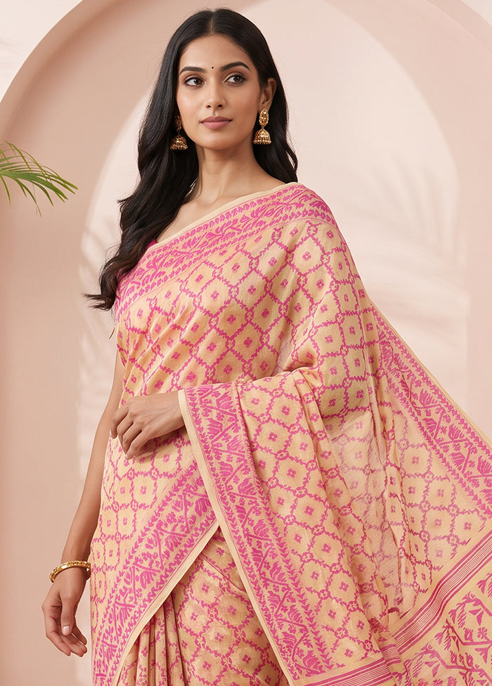 Cream Jamdani Cotton Saree Without Blouse Piece