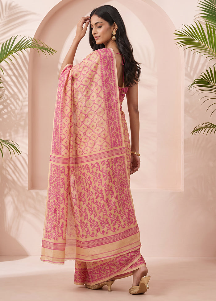 Cream Jamdani Cotton Saree Without Blouse Piece