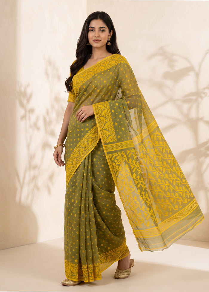 Green Jamdani Cotton Saree Without Blouse Piece