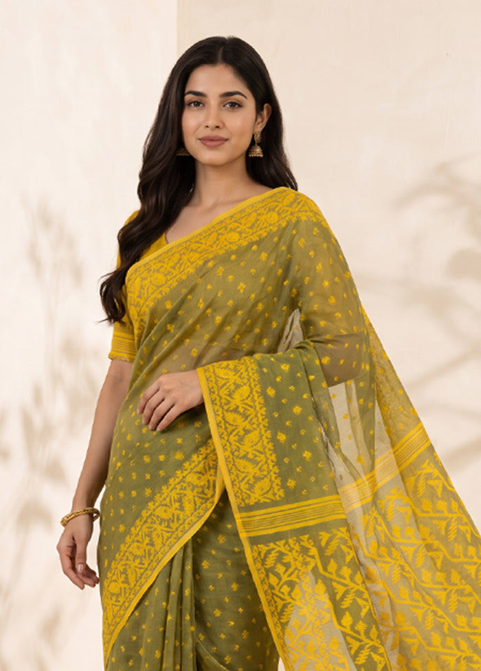 Green Jamdani Cotton Saree Without Blouse Piece