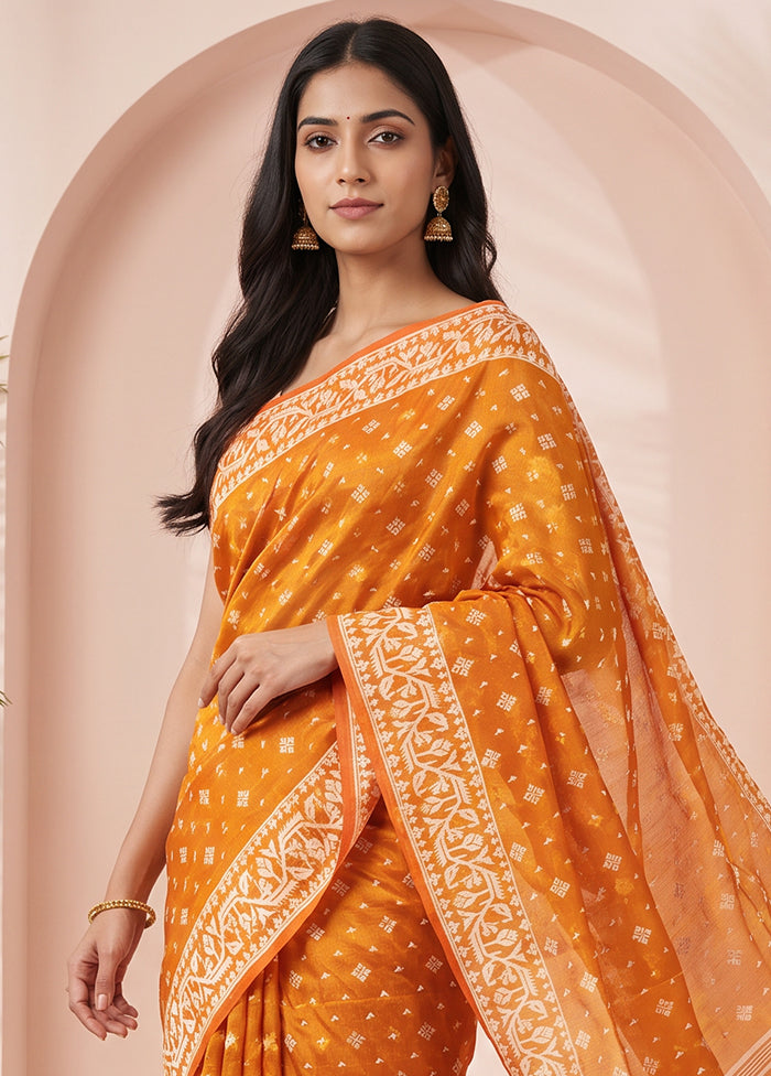 Rust Jamdani Cotton Saree Without Blouse Piece