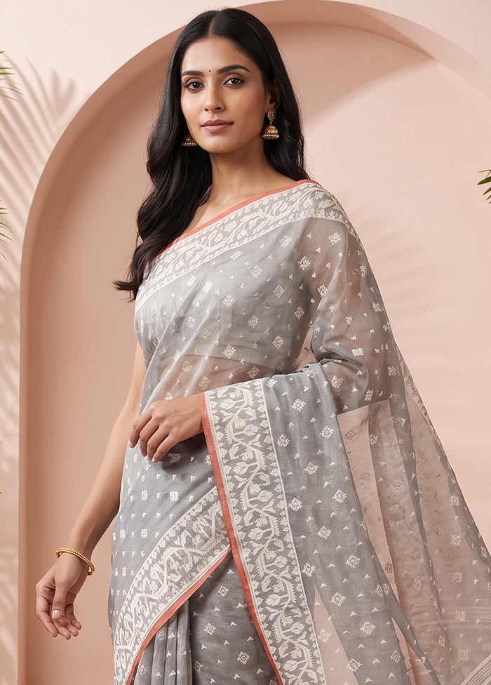 Blue Jamdani Cotton Saree Without Blouse Piece