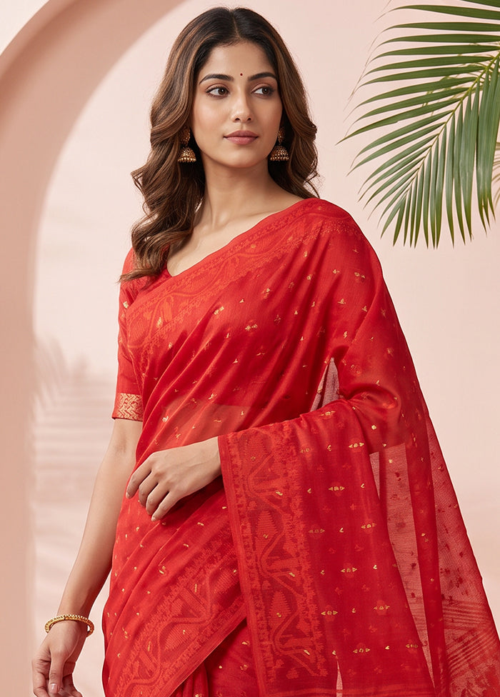 Red Jamdani Cotton Saree Without Blouse Piece