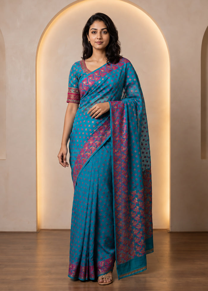 Blue Jamdani Cotton Saree Without Blouse Piece