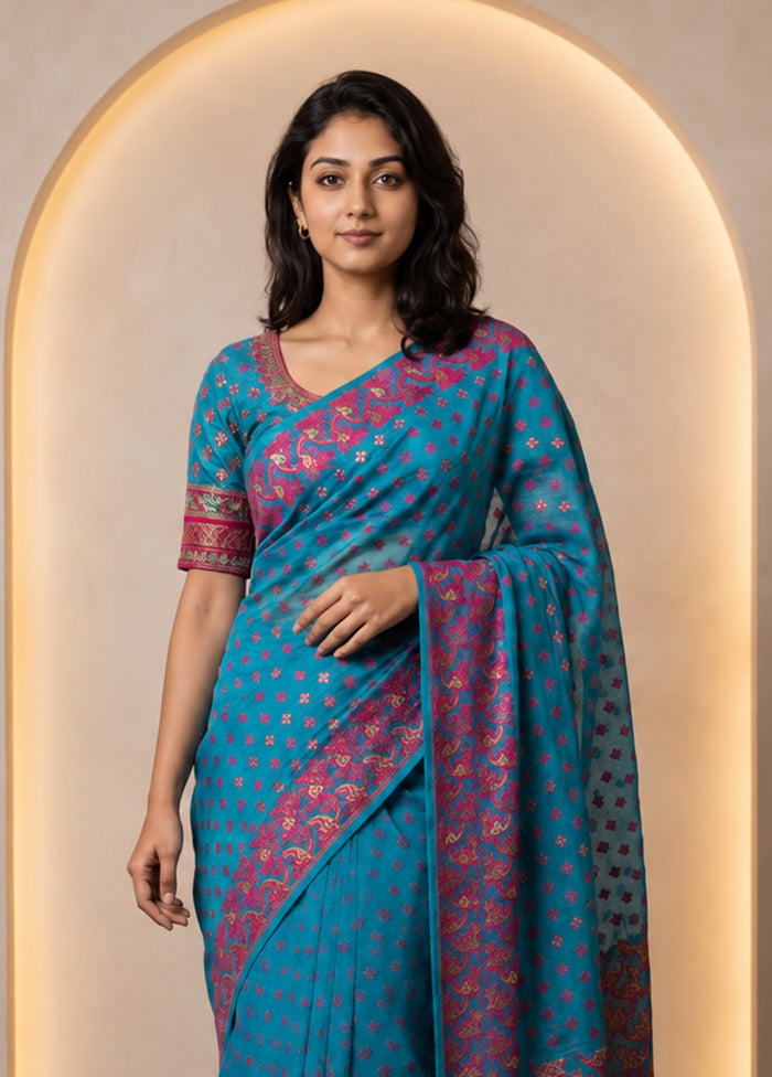 Blue Jamdani Cotton Saree Without Blouse Piece