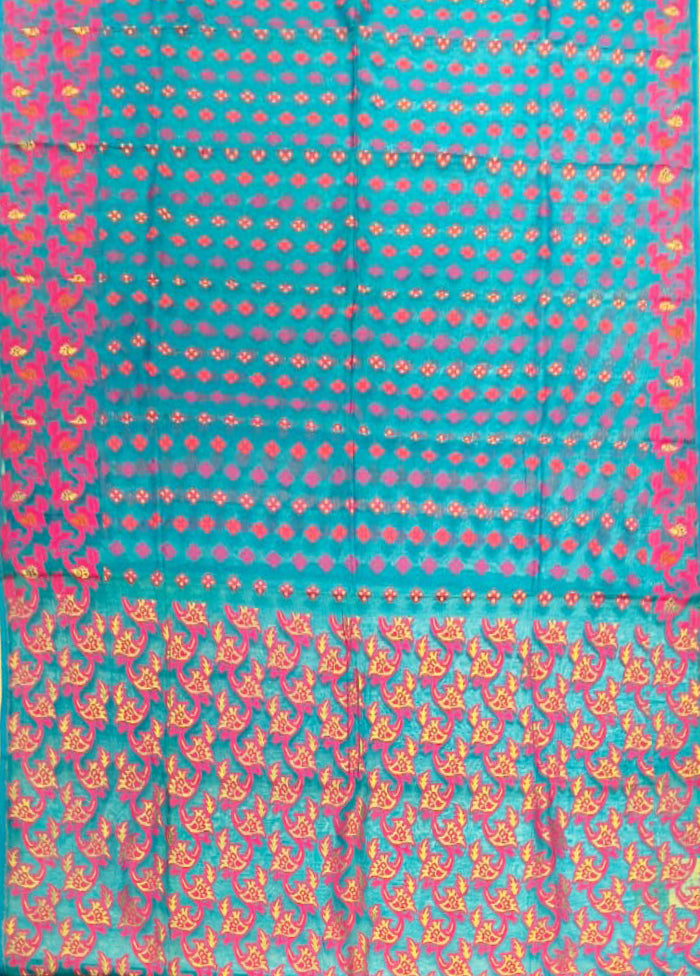 Blue Jamdani Cotton Saree Without Blouse Piece