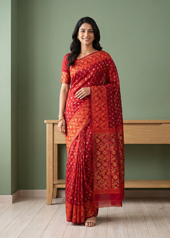Red Jamdani Cotton Saree Without Blouse Piece