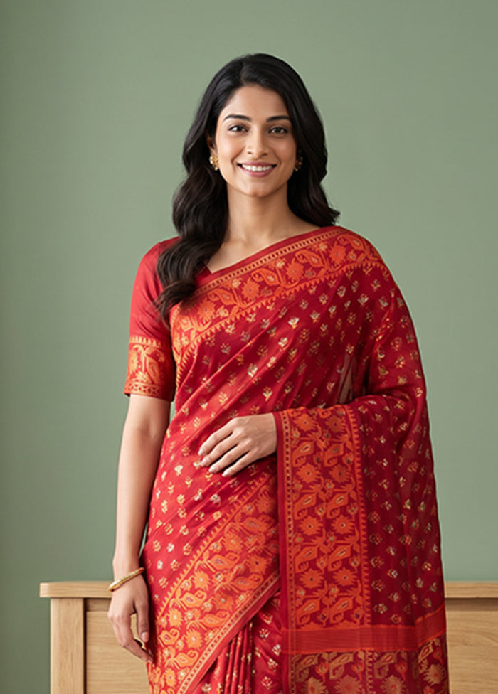 Red Jamdani Cotton Saree Without Blouse Piece