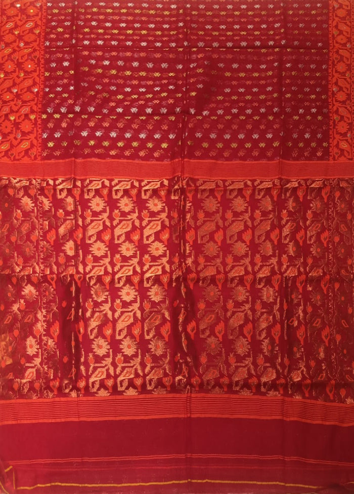 Red Jamdani Cotton Saree Without Blouse Piece