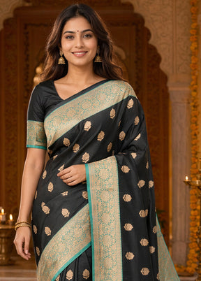 Black Handloom Katan Pure Silk Saree With Blouse Piece