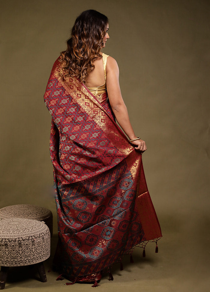 Maroon Dupion Silk Saree With Blouse Piece