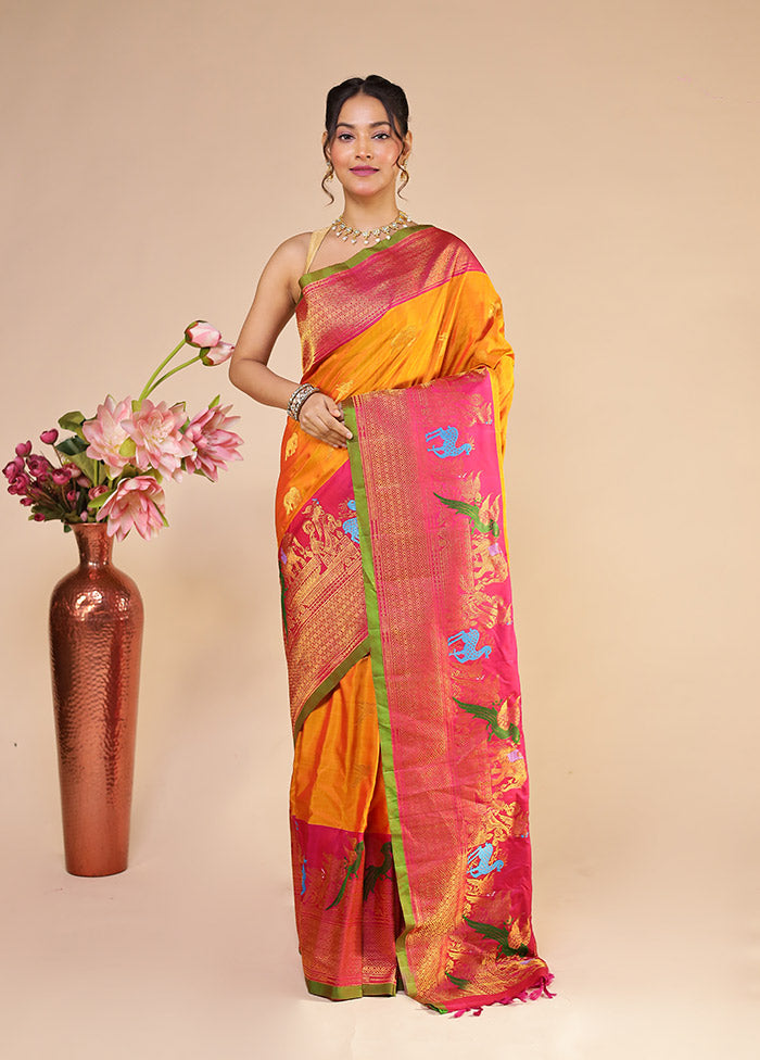 Orange Gadwal Pure Silk Saree Without Blouse Piece